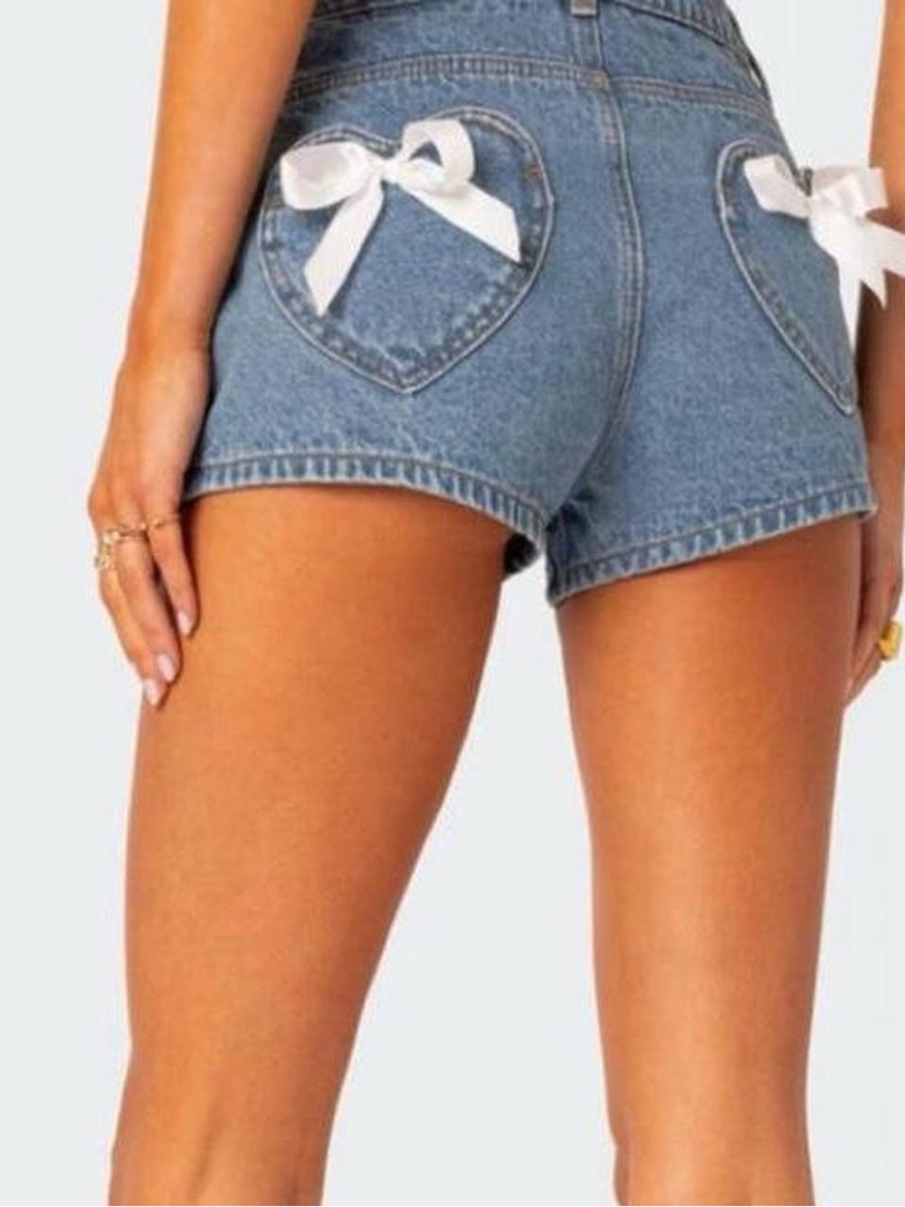 Edikted Bow Pocket Denim Shorts Heart Back Pockets NWOT Size L